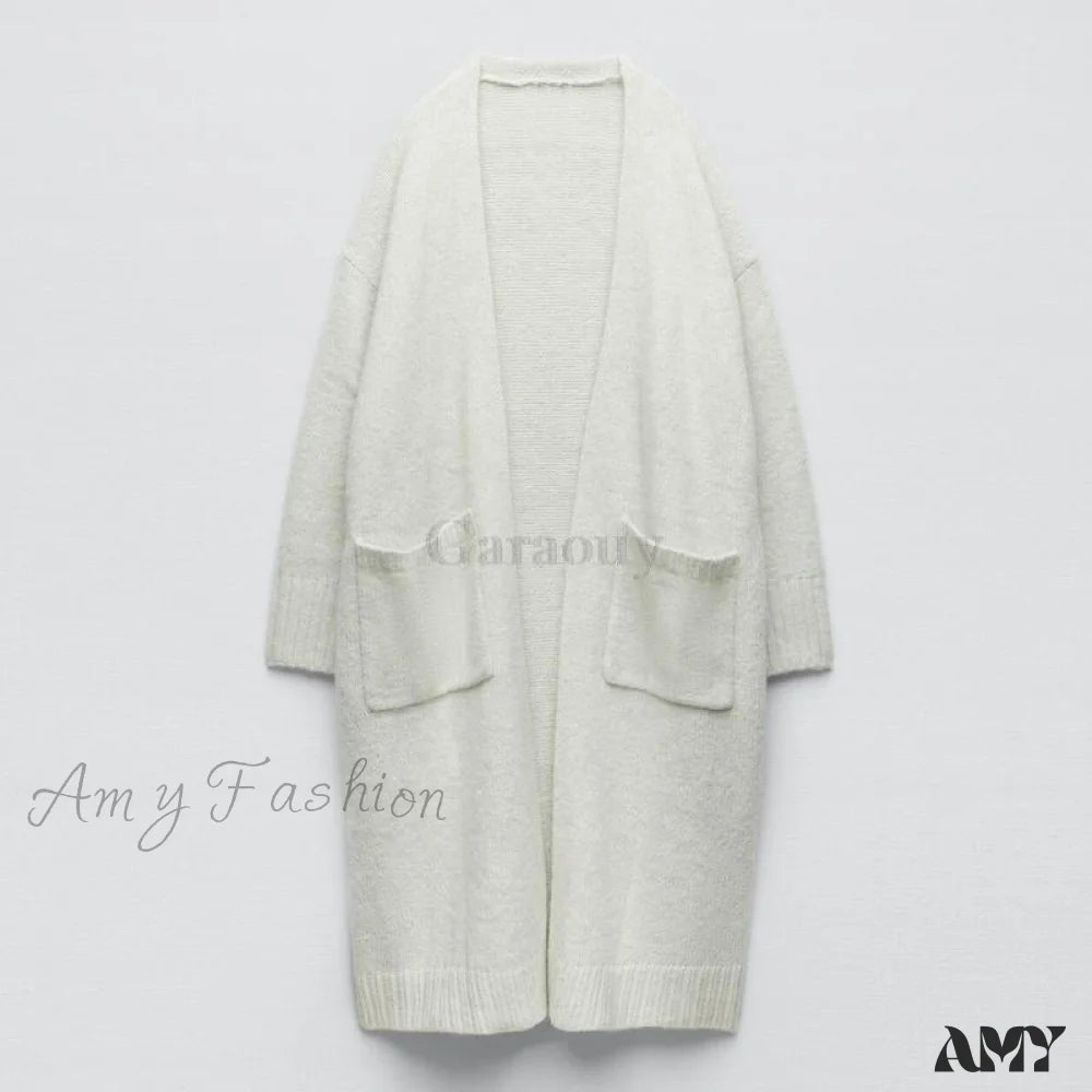 Amy Fashion - V Neck Knit Long Cardigan Coat Female Soft Sweaters