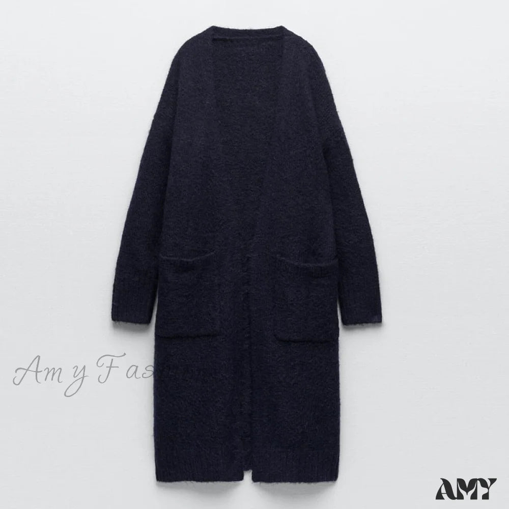 Amy Fashion - V Neck Knit Long Cardigan Coat Female Soft Sweaters Blue / S