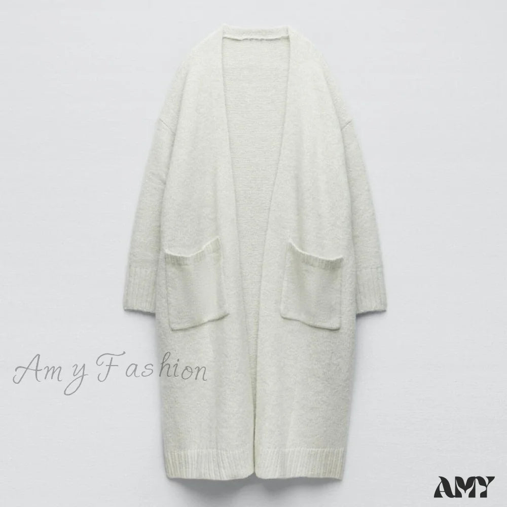 Amy Fashion - V Neck Knit Long Cardigan Coat Female Soft Sweaters Lake Green / S