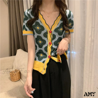 Amy Fashion - V-Neck Knitted Printed Flowers Sweaters Vintage Cardigan