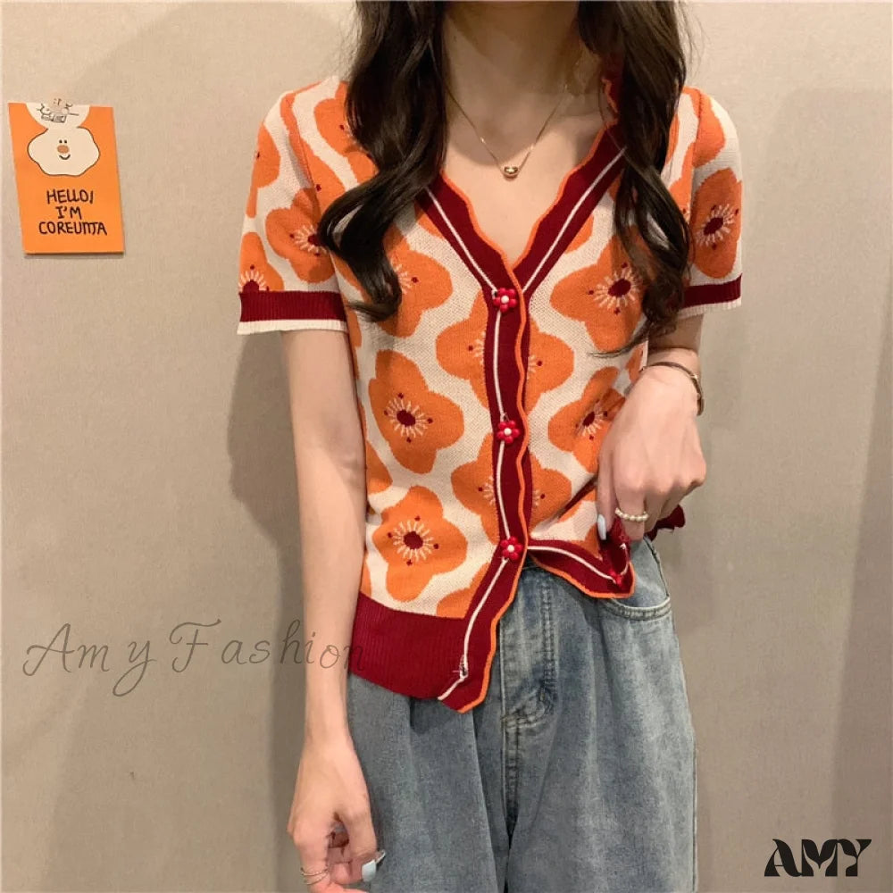 Amy Fashion - V-Neck Knitted Printed Flowers Sweaters Vintage Cardigan