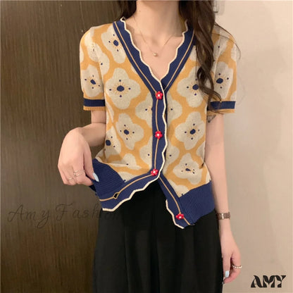 Amy Fashion - V-Neck Knitted Printed Flowers Sweaters Vintage Cardigan