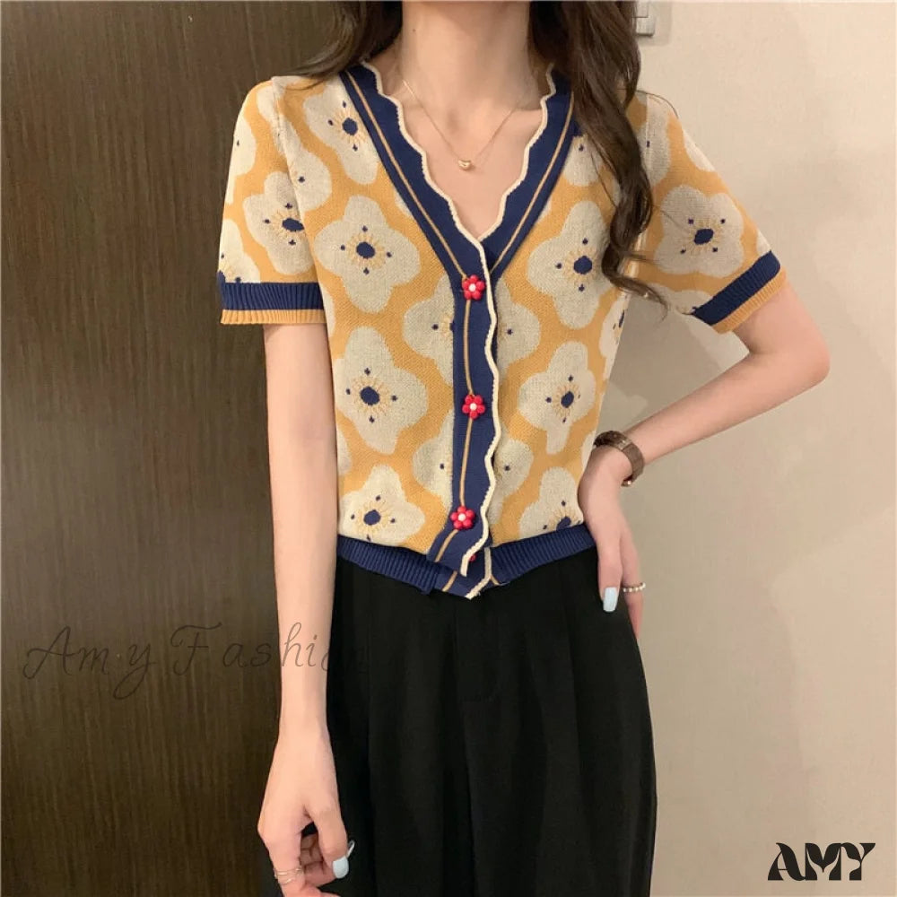 Amy Fashion - V-Neck Knitted Printed Flowers Sweaters Vintage Cardigan Blue / One Size