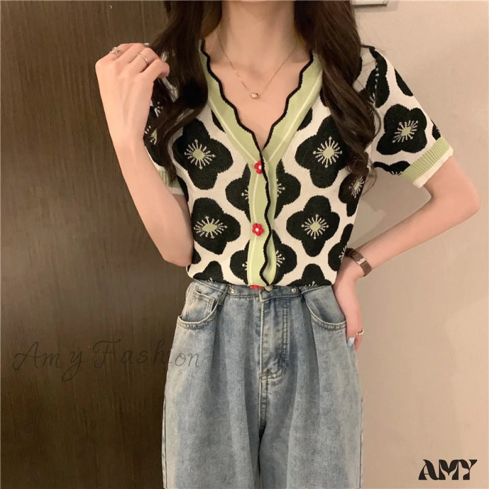 Amy Fashion - V-Neck Knitted Printed Flowers Sweaters Vintage Cardigan Green / One Size