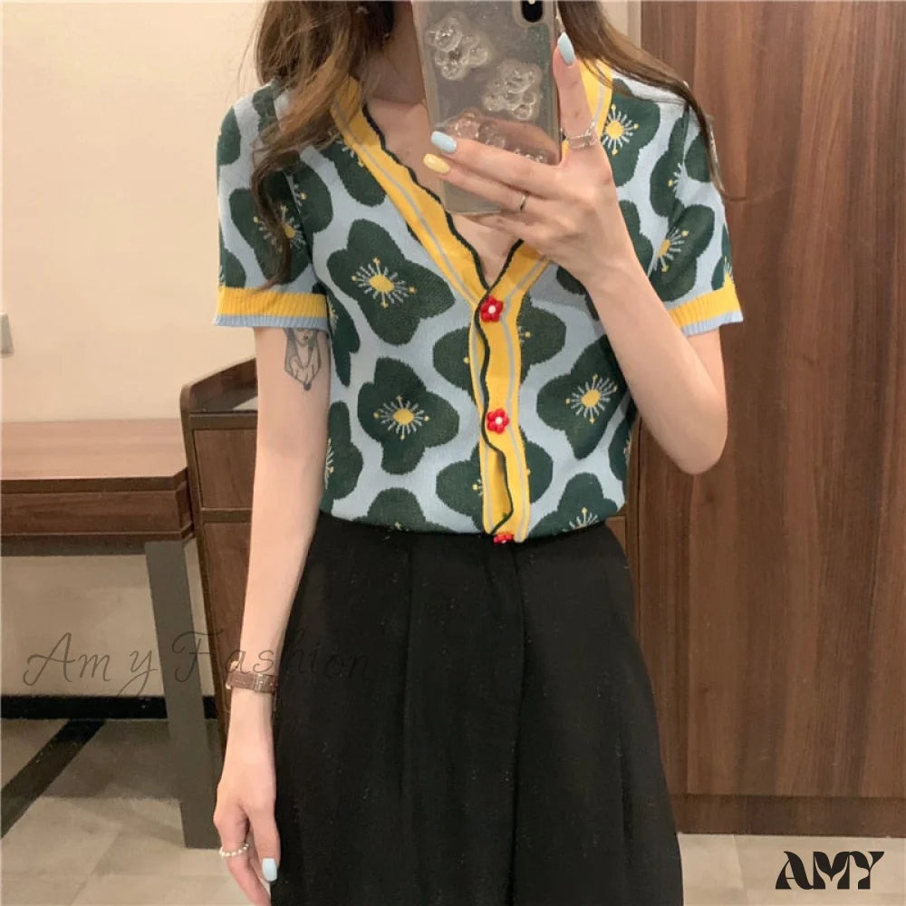 Amy Fashion - V-Neck Knitted Printed Flowers Sweaters Vintage Cardigan Yellow / One Size