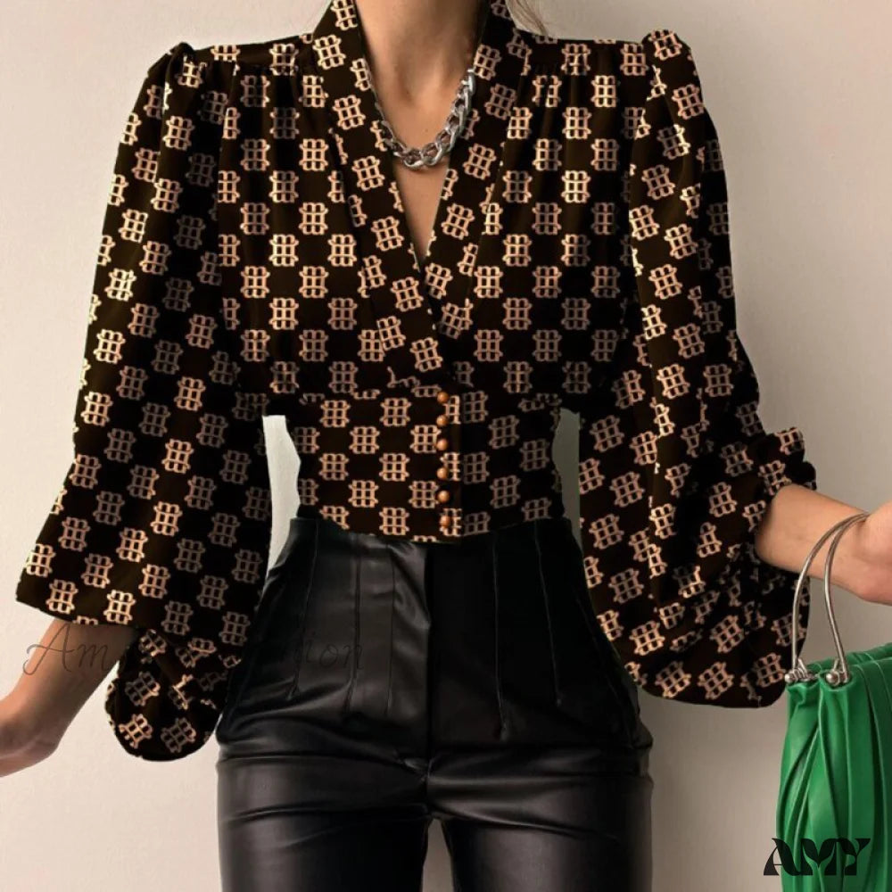 Amy Fashion - V-Neck Lantern Sleeve Patchwork Printing Blouse