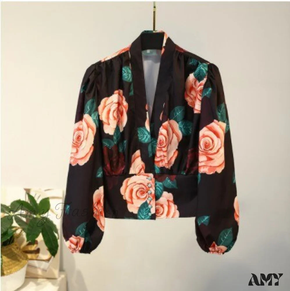 Amy Fashion - V-Neck Lantern Sleeve Patchwork Printing Blouse Flowers / S