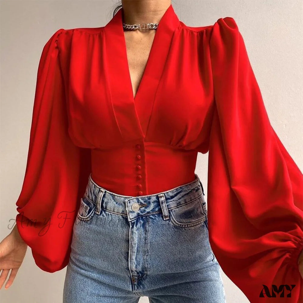 Amy Fashion - V-Neck Lantern Sleeve Patchwork Printing Blouse Red / S