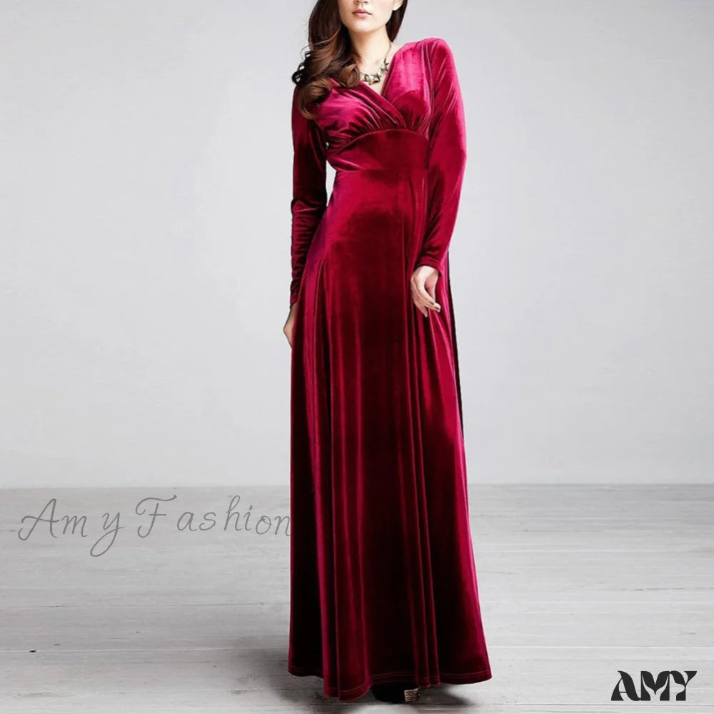 Amy Fashion - V Neck Pleated Velvet Banquet Maxi Dress