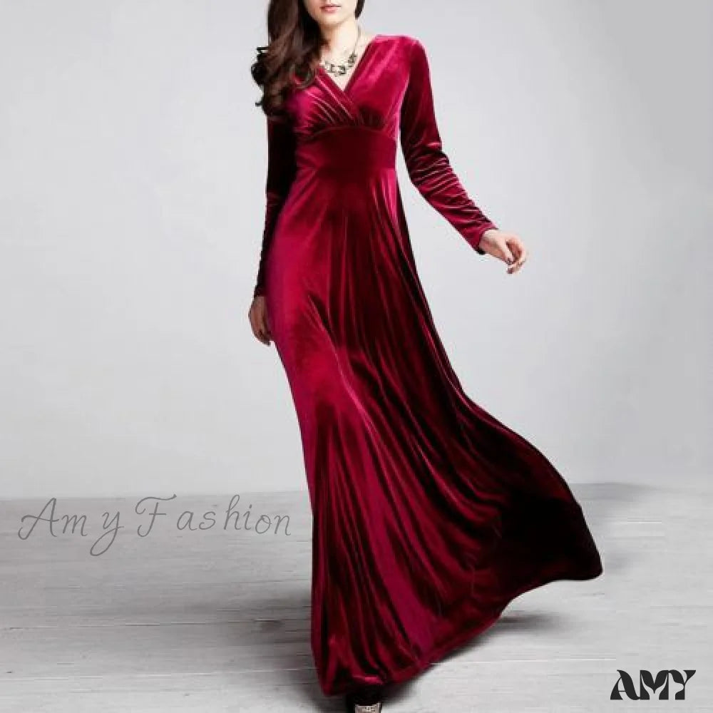 Amy Fashion - V Neck Pleated Velvet Banquet Maxi Dress Wine Red / S