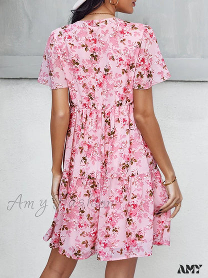 Amy Fashion - V Neck Short Sleeve Loose Chic Printed Dresses