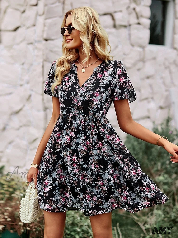 Amy Fashion - V Neck Short Sleeve Loose Chic Printed Dresses