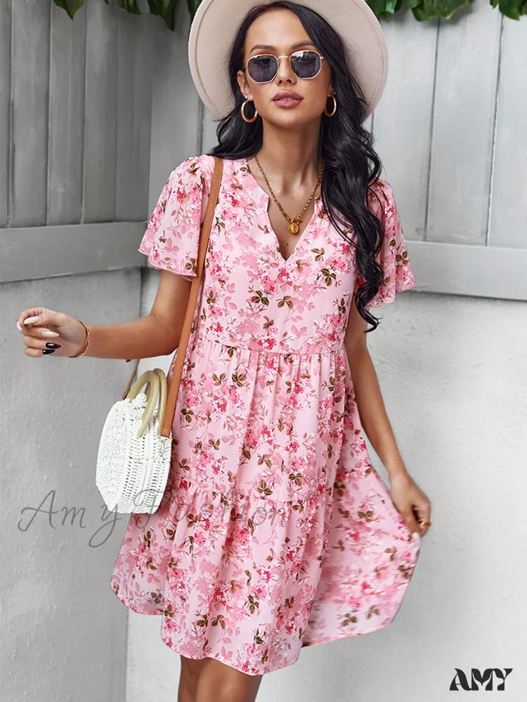 Amy Fashion - V Neck Short Sleeve Loose Chic Printed Dresses