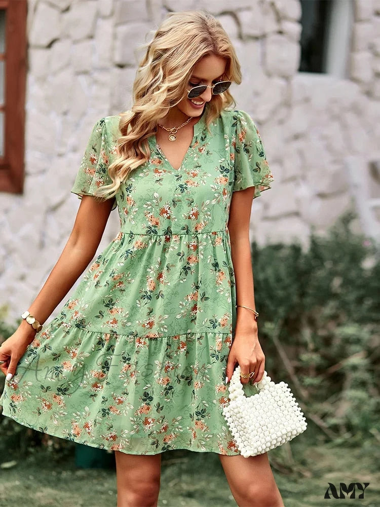 Amy Fashion - V Neck Short Sleeve Loose Chic Printed Dresses