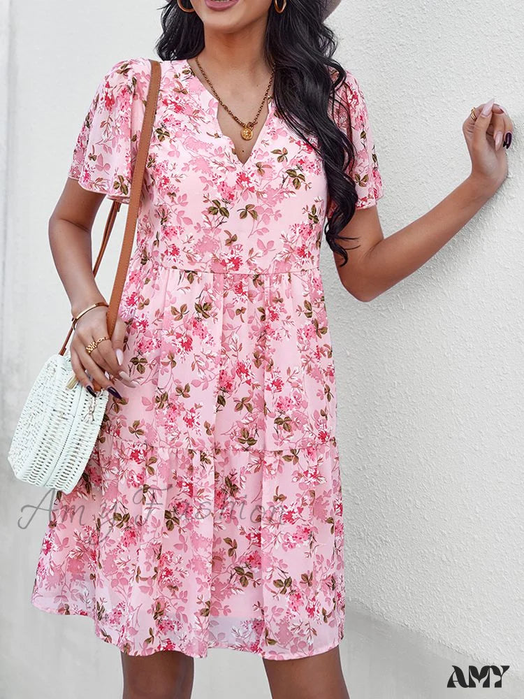 Amy Fashion - V Neck Short Sleeve Loose Chic Printed Dresses