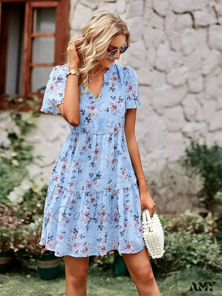 Amy Fashion - V Neck Short Sleeve Loose Chic Printed Dresses