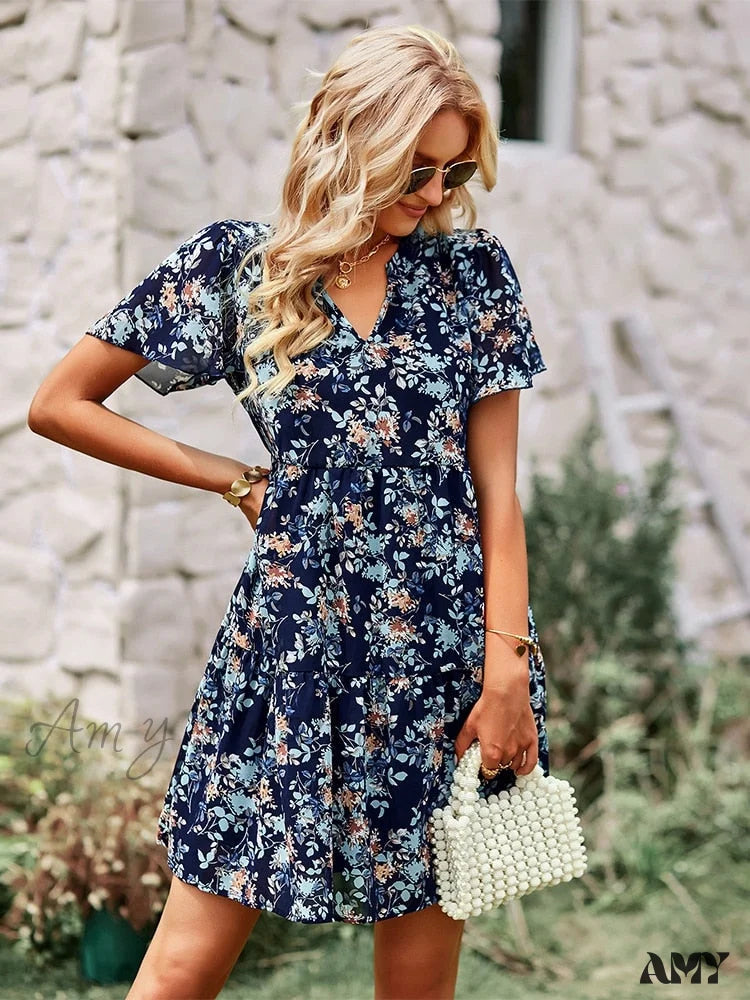 Amy Fashion - V Neck Short Sleeve Loose Chic Printed Dresses