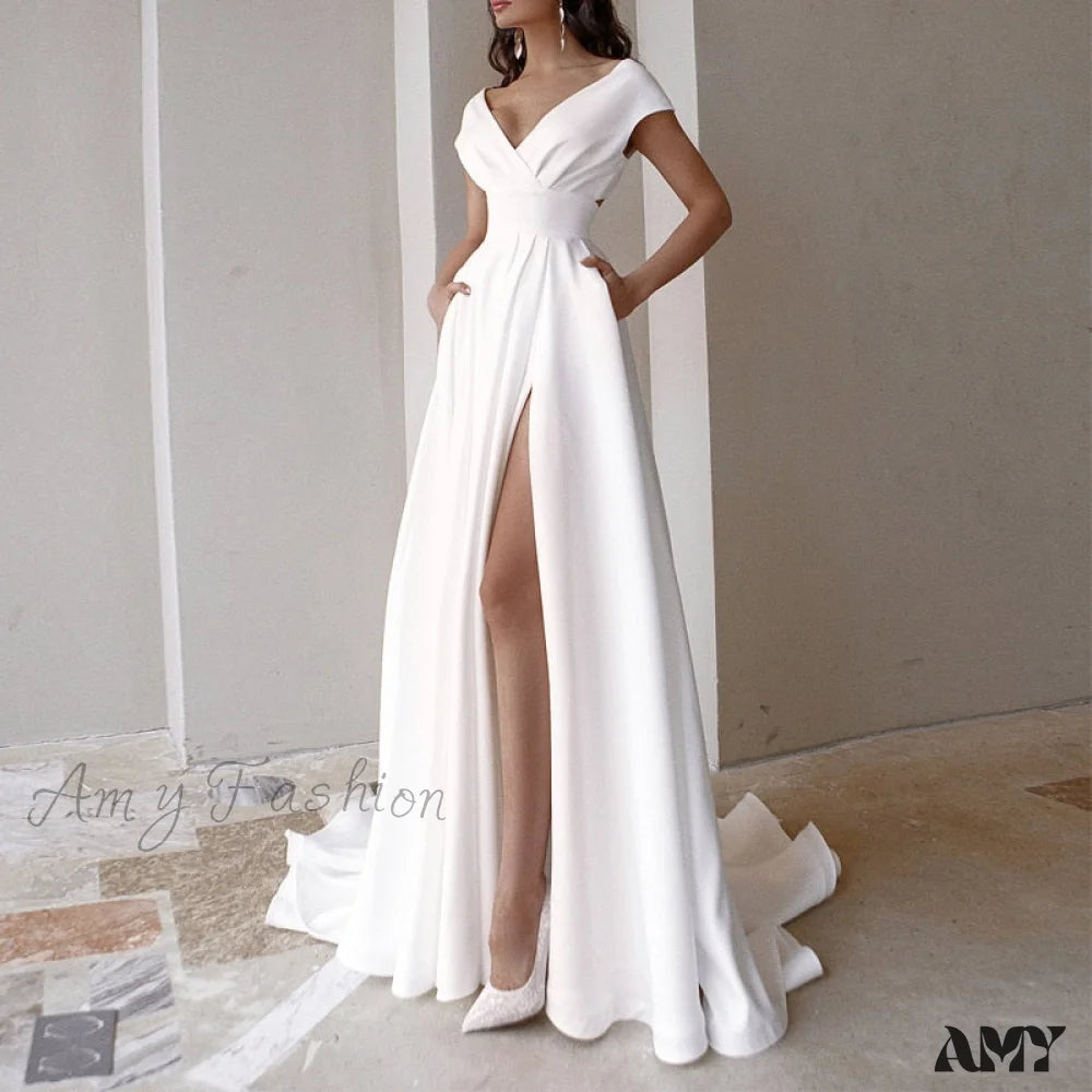 Amy Fashion - V-Neck Short Sleeve Mopping Evening Wedding Dress