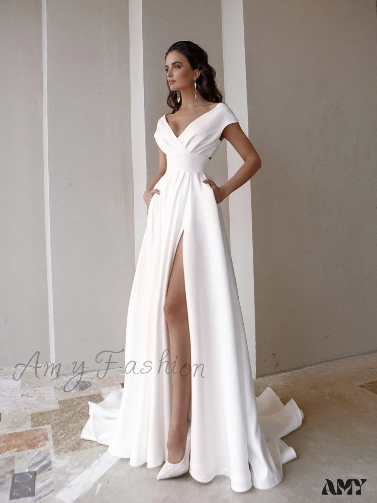 Amy Fashion - V-Neck Short Sleeve Mopping Evening Wedding Dress