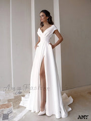 Amy Fashion - V-Neck Short Sleeve Mopping Evening Wedding Dress White / S