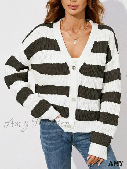 Amy Fashion - V-Neck Single Breasted Long Sleeve Striped Sweater Cardigans