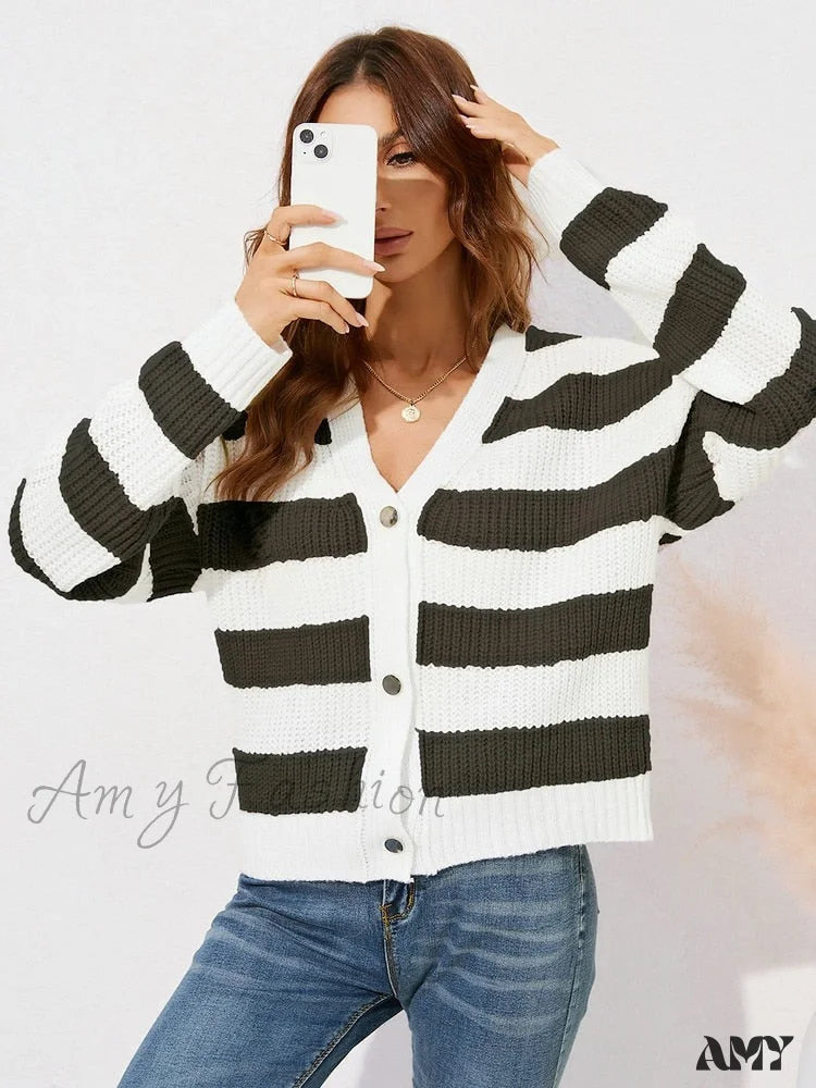 Amy Fashion - V-Neck Single Breasted Long Sleeve Striped Sweater Cardigans