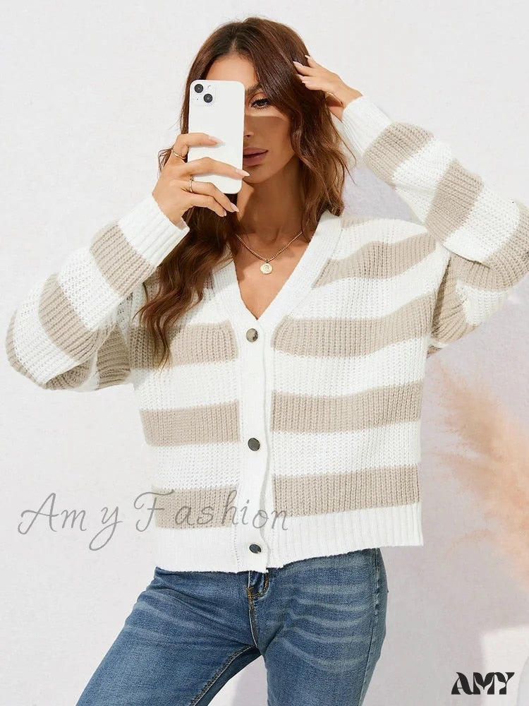 Amy Fashion - V-Neck Single Breasted Long Sleeve Striped Sweater Cardigans