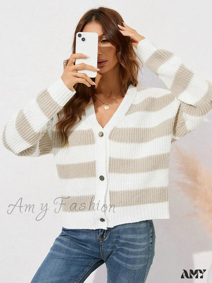 Amy Fashion - V-Neck Single Breasted Long Sleeve Striped Sweater Cardigans