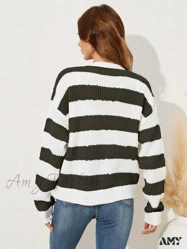 Amy Fashion - V-Neck Single Breasted Long Sleeve Striped Sweater Cardigans