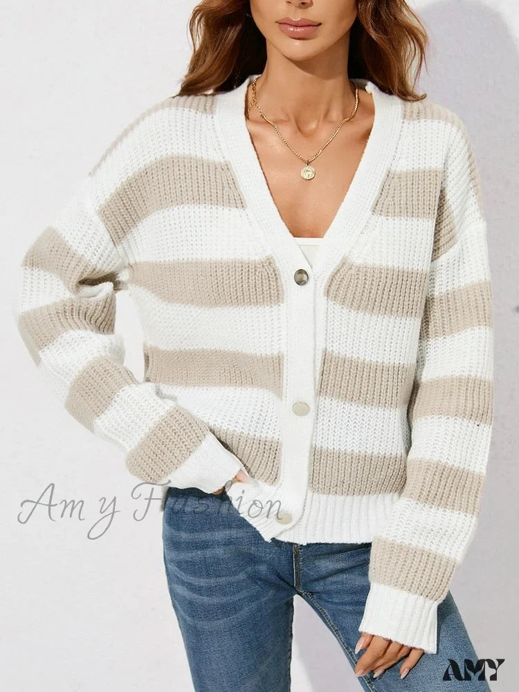 Amy Fashion - V-Neck Single Breasted Long Sleeve Striped Sweater Cardigans