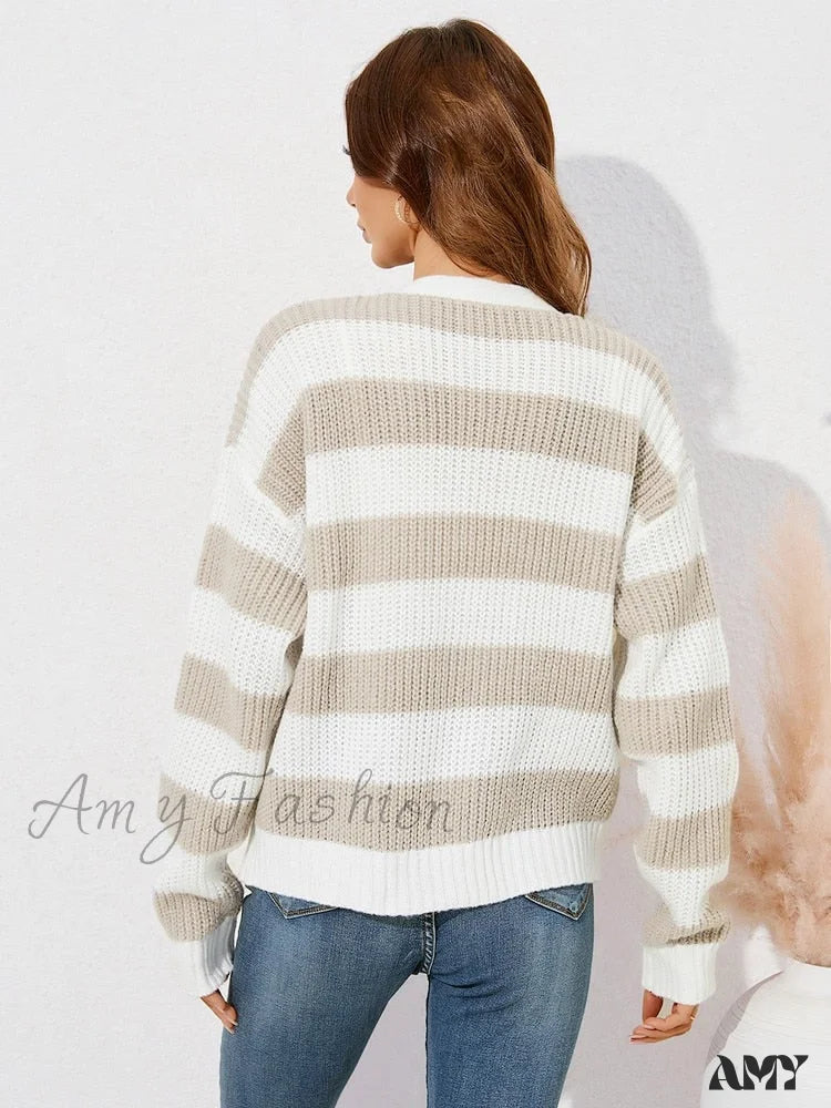 Amy Fashion - V-Neck Single Breasted Long Sleeve Striped Sweater Cardigans