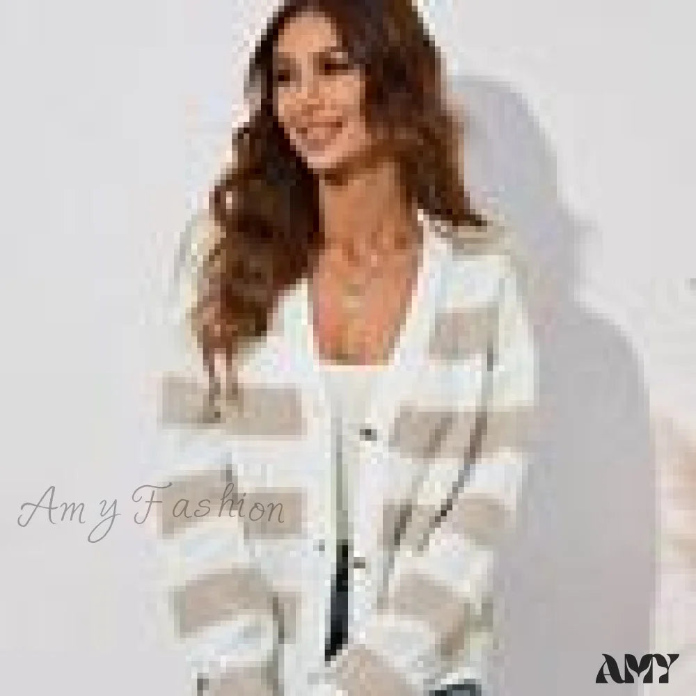 Amy Fashion - V-Neck Single Breasted Long Sleeve Striped Sweater Cardigans Apricot White / One Size