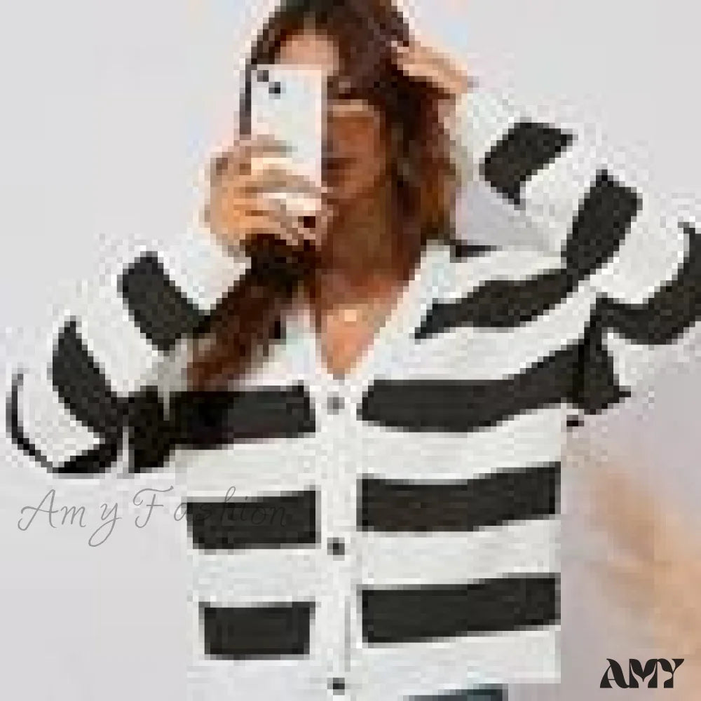 Amy Fashion - V-Neck Single Breasted Long Sleeve Striped Sweater Cardigans Black White / One Size