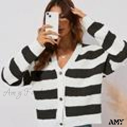 Amy Fashion - V-Neck Single Breasted Long Sleeve Striped Sweater Cardigans Black White / One Size