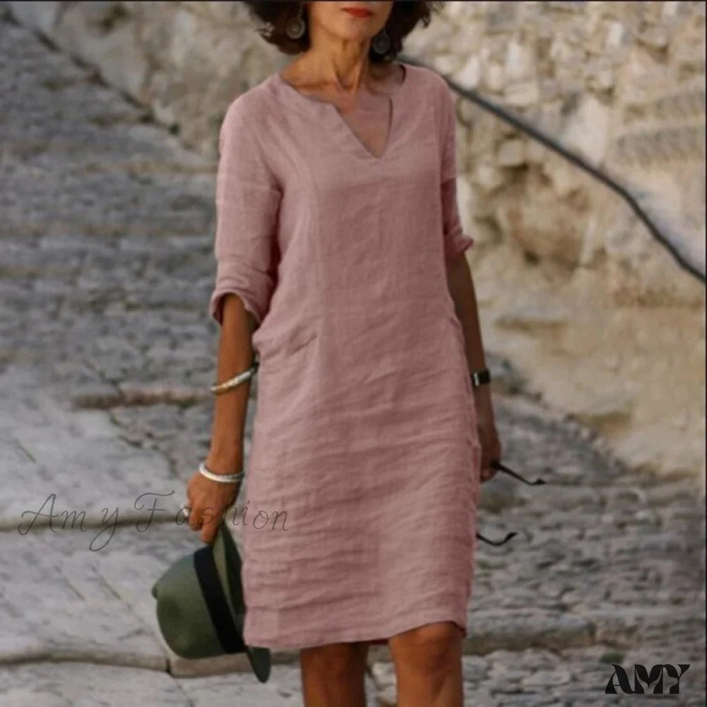 Amy Fashion - V Neck Solid Color Cotton Linen Half Sleeve Midi Dress