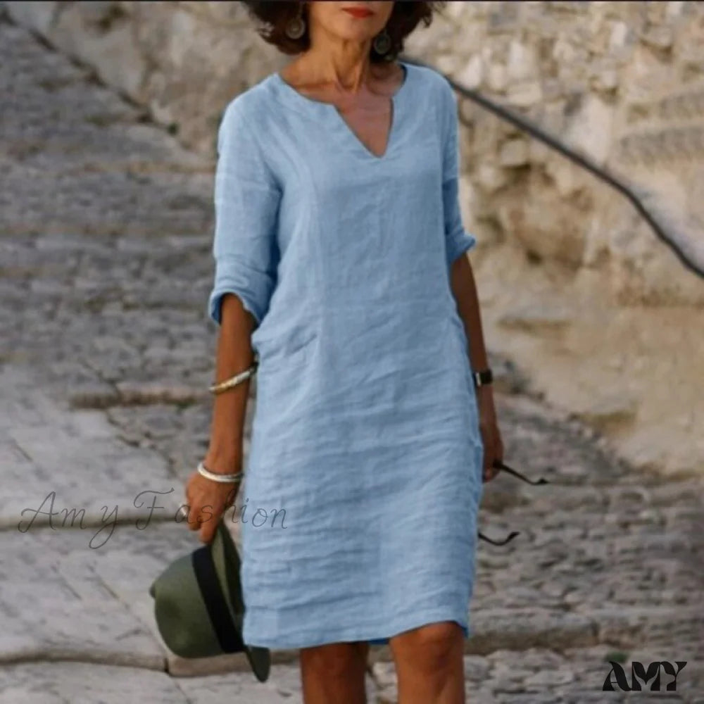 Amy Fashion - V Neck Solid Color Cotton Linen Half Sleeve Midi Dress