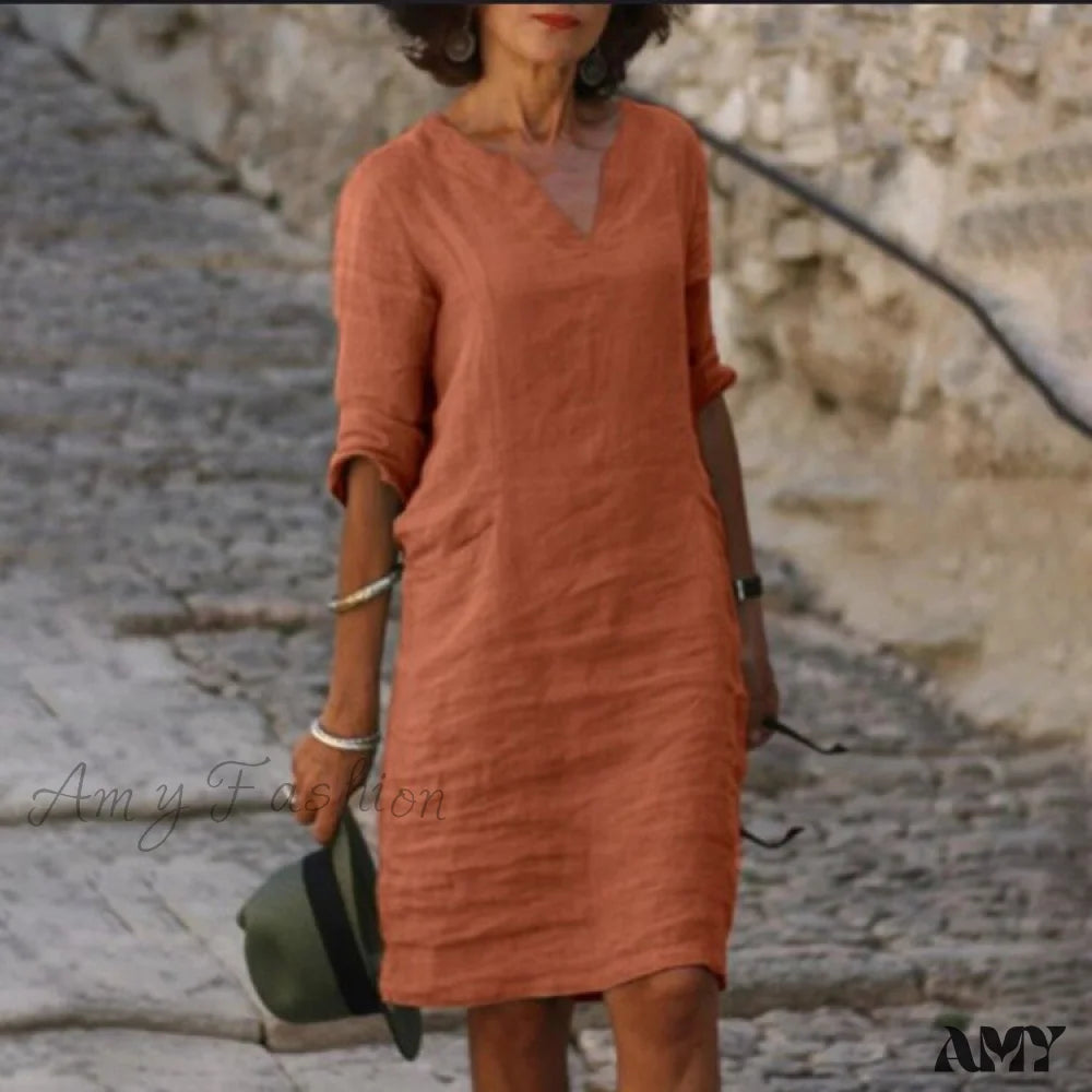 Amy Fashion - V Neck Solid Color Cotton Linen Half Sleeve Midi Dress Orange / S