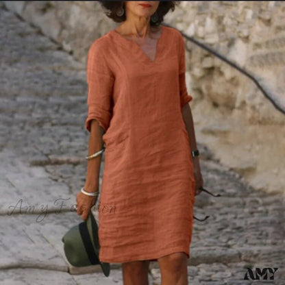 Amy Fashion - V Neck Solid Color Cotton Linen Half Sleeve Midi Dress Orange / S