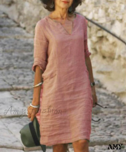 Amy Fashion - V Neck Solid Color Cotton Linen Half Sleeve Midi Dress Pink / S