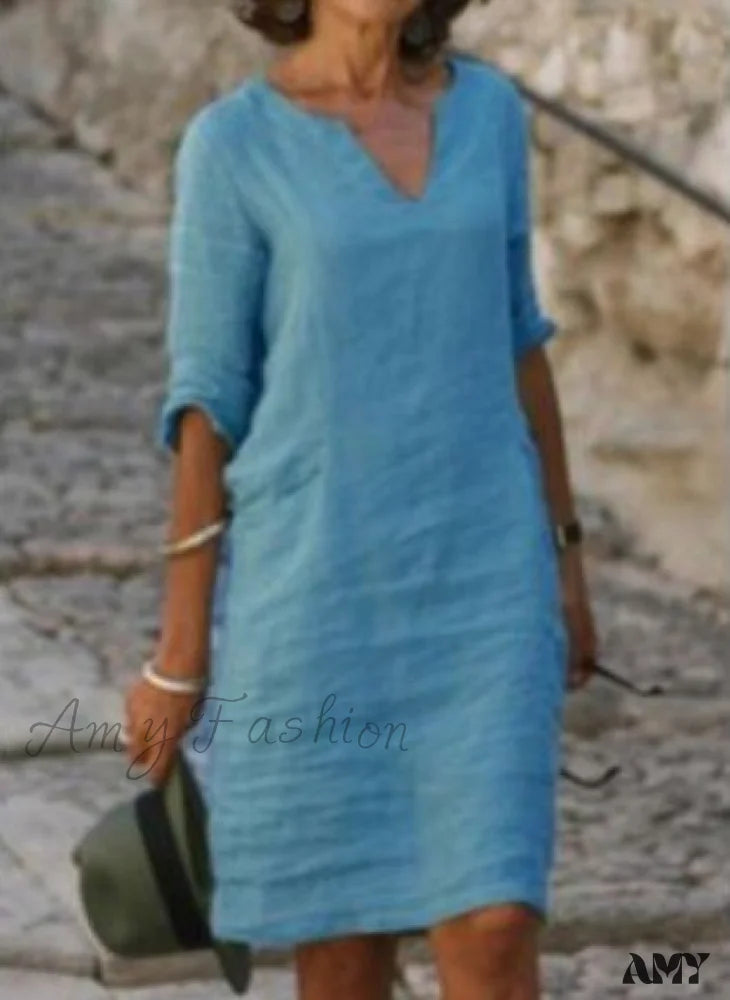 Amy Fashion - V Neck Solid Color Cotton Linen Half Sleeve Midi Dress Sky Blue / S