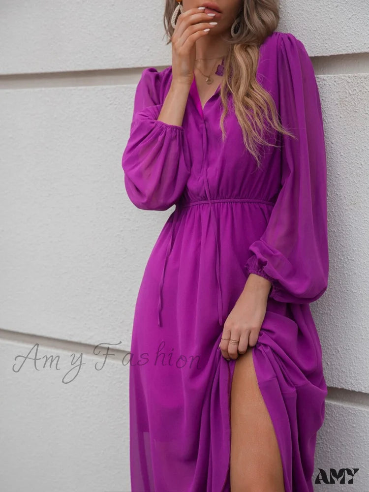 Amy Fashion - V Neck Solid Color Long Sleeve High Waist Purple Tie Dress