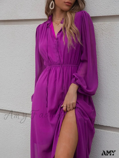 Amy Fashion - V Neck Solid Color Long Sleeve High Waist Purple Tie Dress