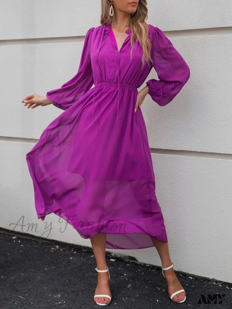 Amy Fashion - V Neck Solid Color Long Sleeve High Waist Purple Tie Dress