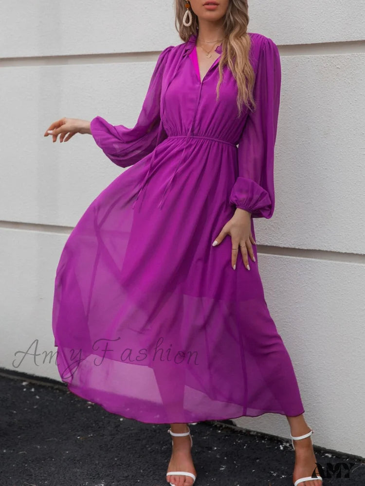 Amy Fashion - V Neck Solid Color Long Sleeve High Waist Purple Tie Dress