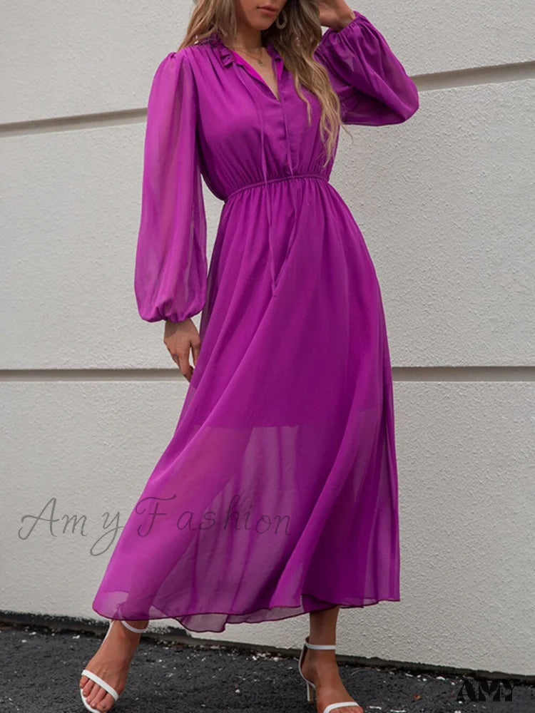 Amy Fashion - V Neck Solid Color Long Sleeve High Waist Purple Tie Dress / Xl