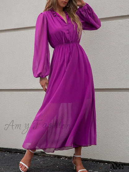 Amy Fashion - V Neck Solid Color Long Sleeve High Waist Purple Tie Dress / Xl