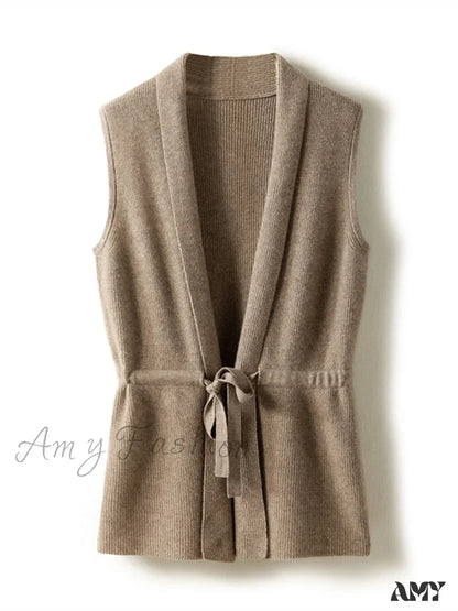 Amy Fashion - V-Neck Tie Vest Women’s Short Knit Cardigan Camel / S