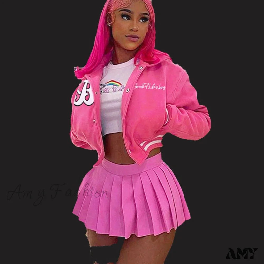 Amy Fashion - Varsity Baseball Cropped Jacket Pink / S