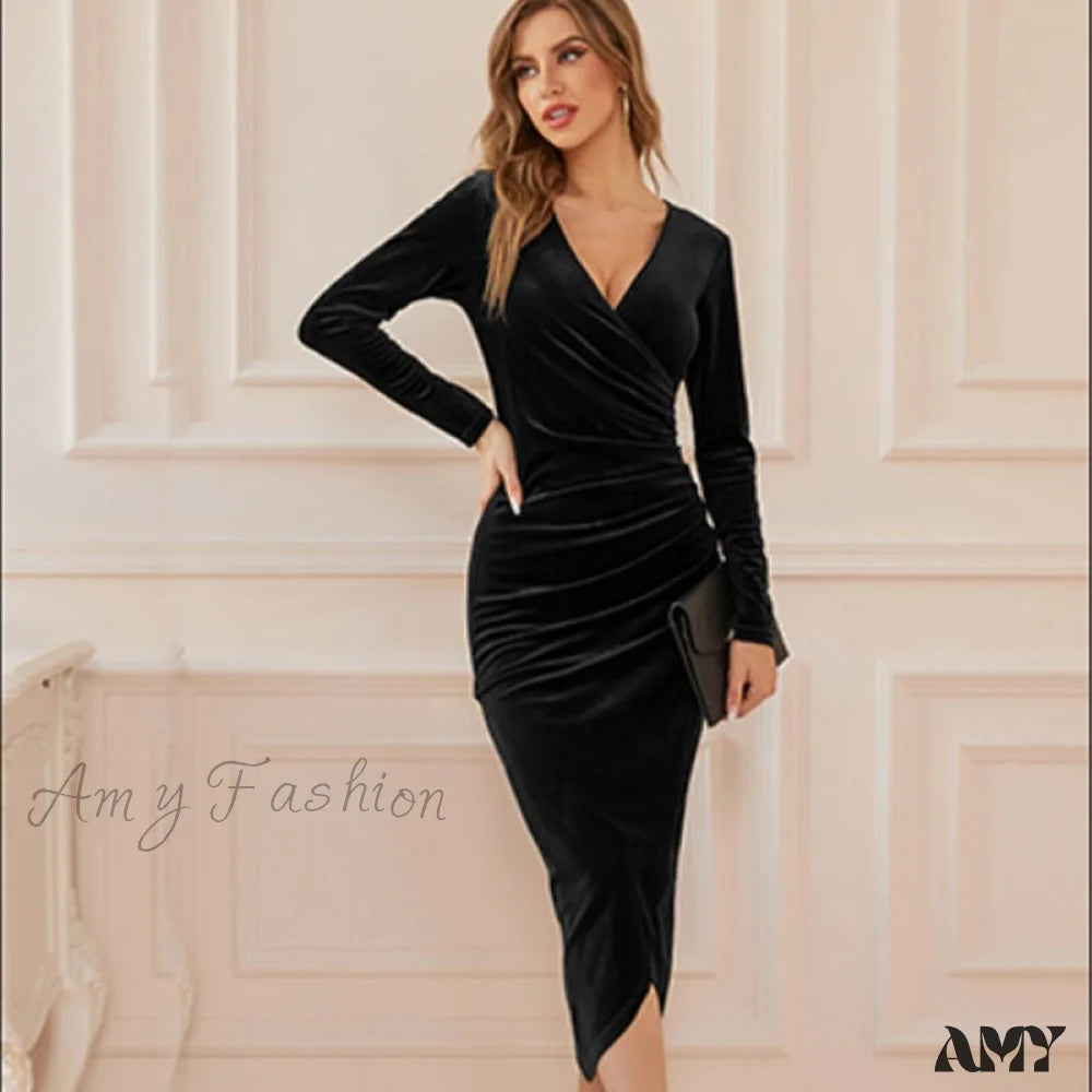 Amy Fashion - Velvet Long Sleeve Bodycon V-Neck Ruched Midi Dresses Black / S