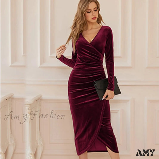 Amy Fashion - Velvet Long Sleeve Bodycon V-Neck Ruched Midi Dresses Burgundy / S